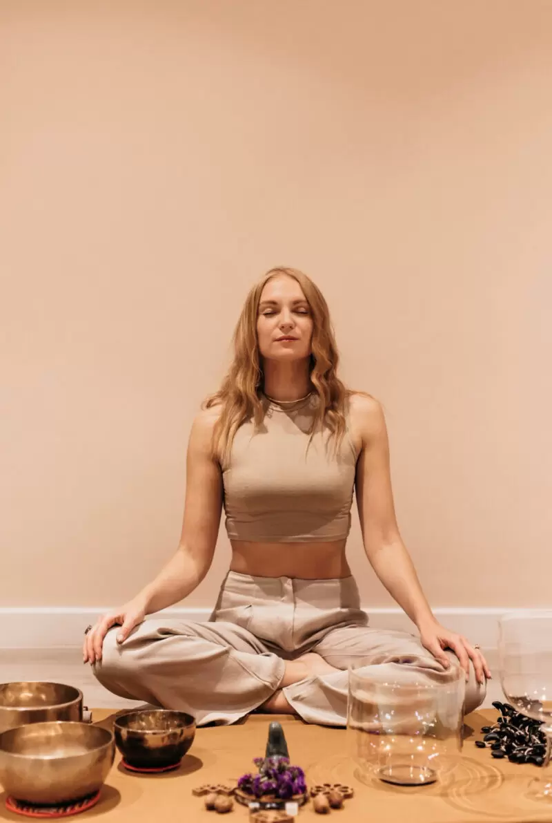 lady sitting with sound bath and serenity gongs
