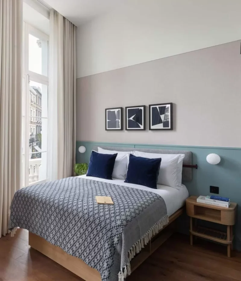 hotel bedroom with blue cushions