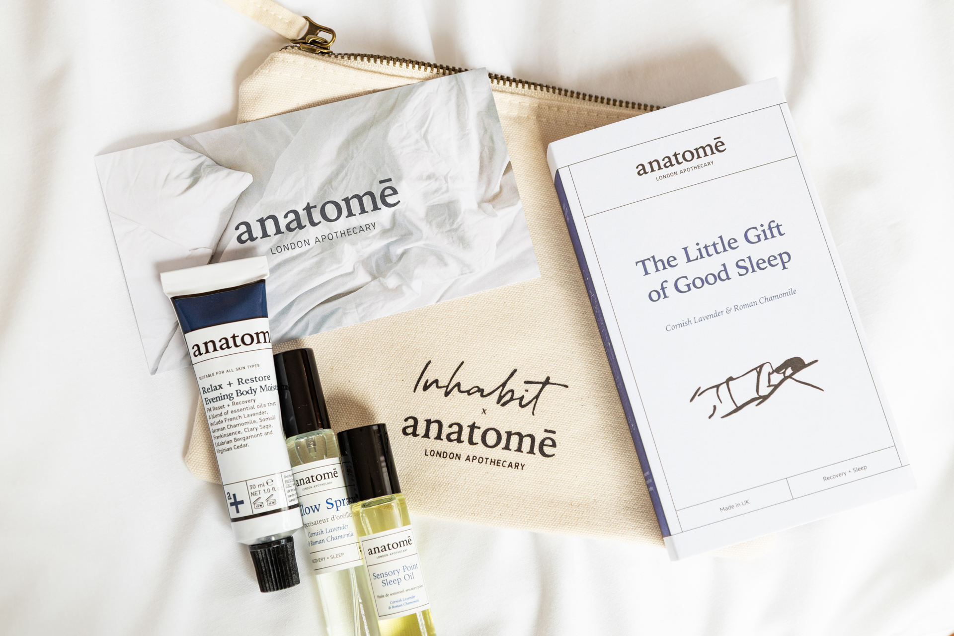 Sleep Kit available for purchase at Inhabit Hotels, which includes the Inhabit x anatome branded pouch, moisturiser, pillow spray, The Little Gift of Good Sleep, branded eye mask, and sleep socks
