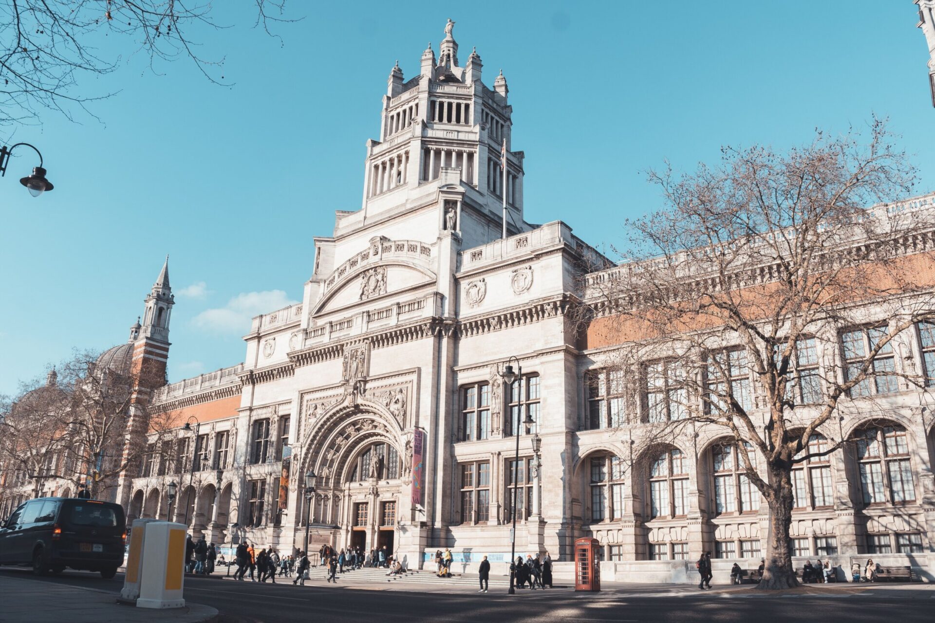 Exterior of the iconic Victoria and Albert Museum under clear skies in London, England